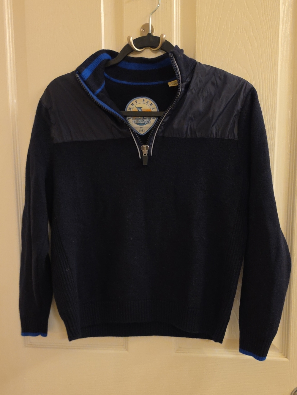 Tommy Bahama 100% Merino Wool Navy 1/4 Zip Sweater with Blue Trim